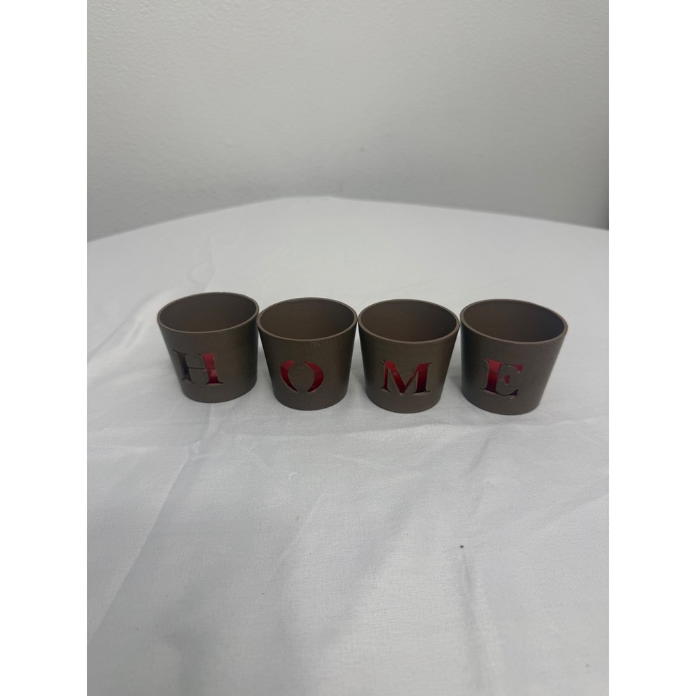 HOME Metal Votive Candle Holder Set of 4 Brown Cutout Letters with Red Candles